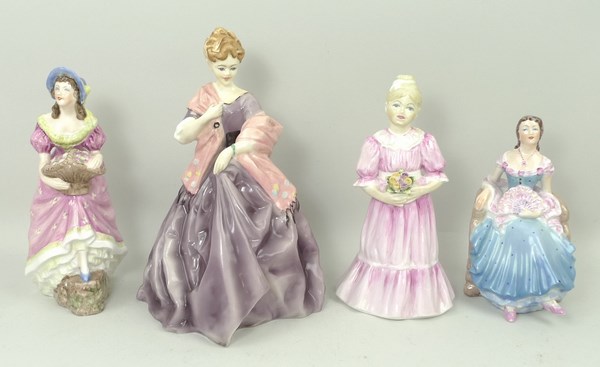 A Royal Worcester porcelain figure modelled, by Freda Doughty,  as 'First Dance', and three Coalport