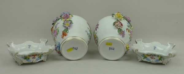 A pair of Dresden porcelain vases, covers and stands, of baluster form encrusted and painted with - Image 5 of 5