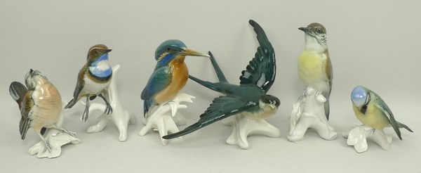 A group of Karl Ens porcelain birds including a kingfisher, swallow, blue tit and three song