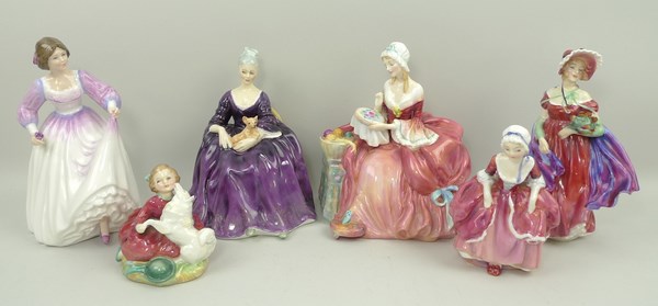 A group of Royal Doulton porcelain figures, comprising; 'Ashley' HN3420, 'Penelope' HN1901, 'Goody