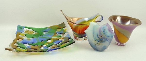 A group of contemporary coloured glass, comprising; a spun glass dish of square form, 30 by 30cm,