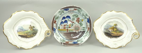 A pair of Ridgeway painted leaf shaped dessert dishes, circa 1820, decorated with rural scenes,