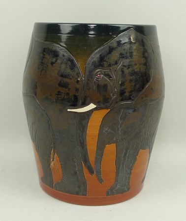 A Dennis China Works pottery vase, circa 2001, decorated by Sally Tuffin with elephants in the '