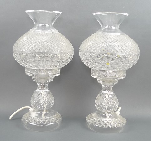 A pair of Waterford cut glass table lamps with mushroom shaped shades, 37cm.