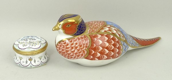 A Royal Crown Derby imari ware pheasant paperweight and a Halcyon Days enamel box decorated with