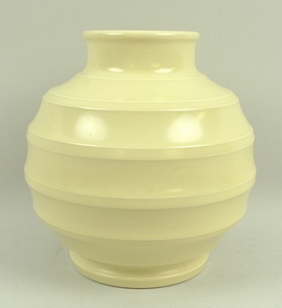 A Keith Murray for Wedgwood matt straw vase of globular form decorated with horizontal bands, 18cm