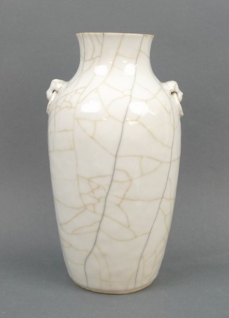 A Chinese two coloured Ge type glaze baluster vase, 18th century, with integral mask and ring