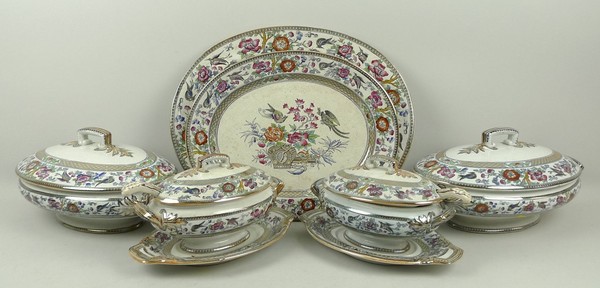 A Staffordshire ironstone lustre transfer decorated part dinner service, circa 1880, comprising; two