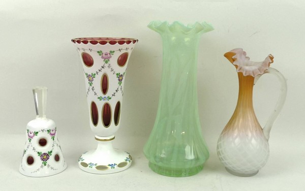 A Victorian green vaseline glass vase, 23cm high, a jug, 19cm high, Bohemian flashed glass vase