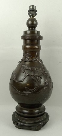 A Japanese patinated bronze vase, late 19th / early 20th century, converted into a lamp, of baluster
