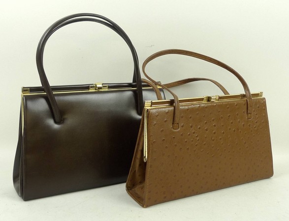 A Mclaren brown leather handbag, and a vintage 1960s dark brown handbag. (2)