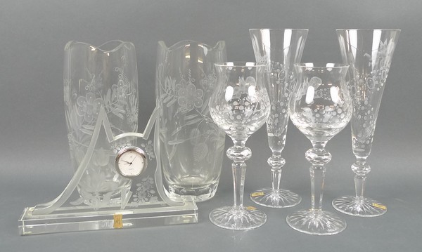 A Meissen cut glass mantel clock, 20 by 14cm, pair of 'Onion' pattern cut glass vases, 21cm, and