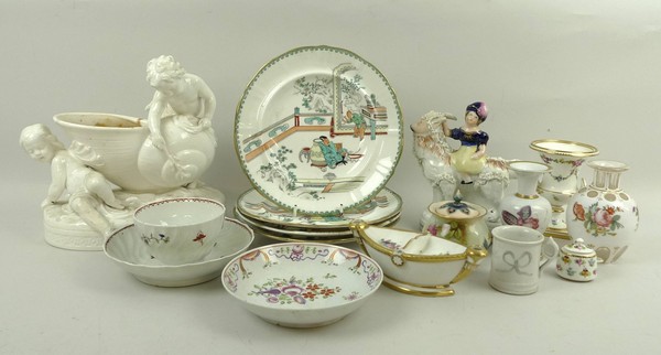 A quantity of ceramics, comprising a Staffordshire figure of the Princess Royal seated on a goat,