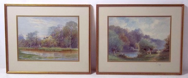 H. Stark (British, 20th century): two lakeside landscapes depicting houses and figures,