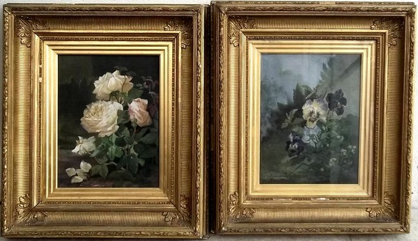 Alexandre Debrus (1843-1905): a pair of flower studies, roses and pansies, oils on canvas, signed