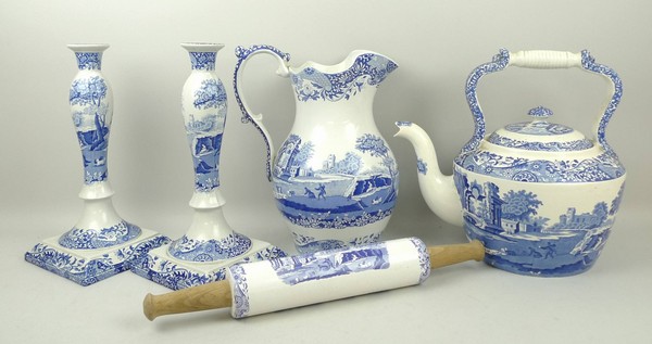 A collection of Spode comprising two candlesticks, 33cm, kettle, 30cm, jug, 32cm, and rolling pin,