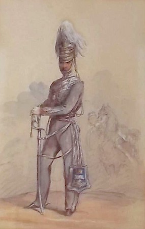 A full length portrait of an Army officer in uniform, with horse and figures behind, pencil and