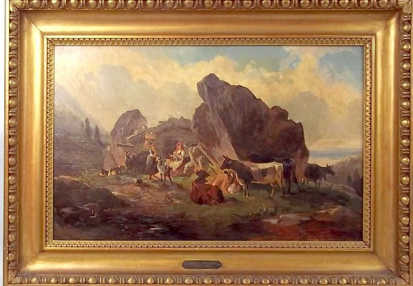 Manner of Friedrich Gauermann (1807-1862): an Alpine farm landscape depicting figures, cattle and