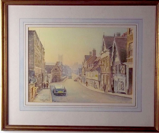 Cyril J Mayes: St Mary's Hill, Stamford, watercolour, signed lower left, dated '86, 25 by 35cm.