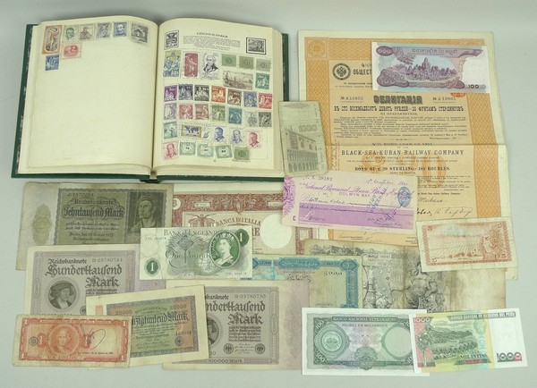 A collection of 19th century indentures, share certificates and bank notes, together with a group of