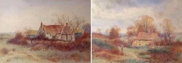 English School cottage scenes, one with autumn colours and a figure in the foreground, the other