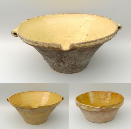 A French earthenware kitchen bowl, interior yellow glaze, 50cm diameter, and two further, 60cm and