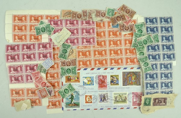 A quantity of postage stamps including George VI New Zealand mint blocks, 1d-6d, some overstamped