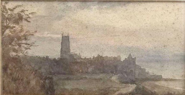 Gill Booker: 'Town at dusk', study of a church and town on the coastline, with sea to the right,