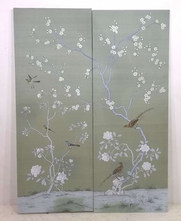 Two De Gournay hand painted silk panels, depicting Chinese peonies, exotic birds and cherry blossom,