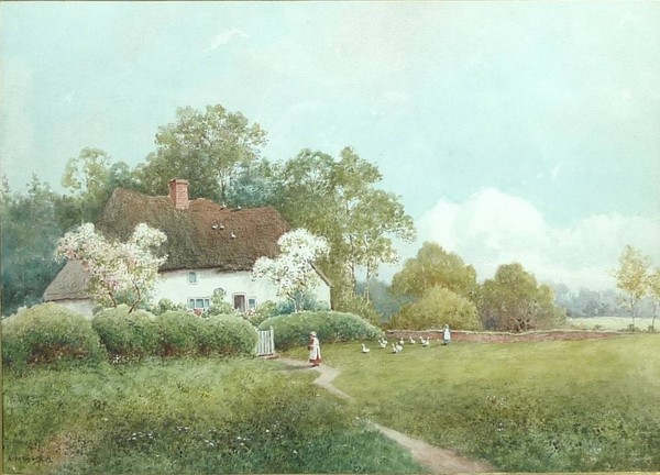 A. Mills: 19th century country scene, the thatched cottage with two maids and ducks crossing the