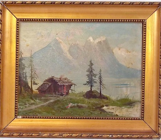 A French 20th century, Alpine landscape depicting cabin and lake, oil on board, indistinctly