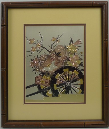 Japanese School (20th century): a metalwork picture of a hand cart containing flowers and blossom,