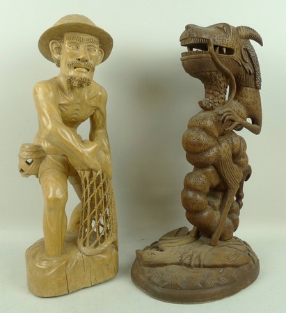 An early 20th century hardwood carving of a serpent/dragon (converted for use as a lamp), 43cm,