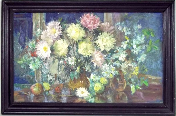 Nina Bozhko (Russian b.1926): a still life study of flowers, oil on board, unsigned but with stamp