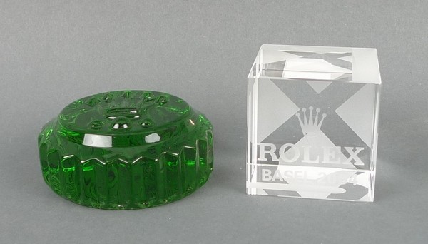 A green glass 'Rolex' paperweight with sticker verso 'Venezia Salviati made in Italy', in original