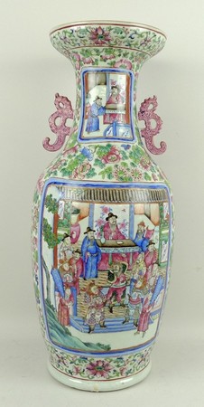 A Qing dynasty, late 19th century, porcelain vase of twin handled ovoid form reserve decorated