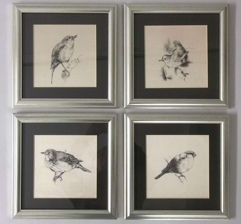 Four pen and ink drawings on silk of a wren, a finch and a thrush, each 15 by 15cm. (4)