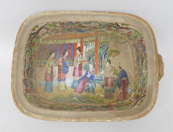 A Canton porcelain tureen base, 19th century, with gilt handles, decorated with figures in an