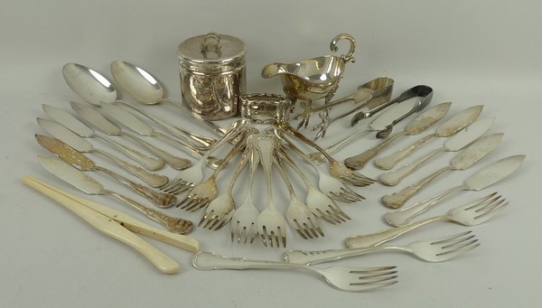 A group of plated wares, comprising; a lidded jar, napkin ring, two pairs of tongs, a sauce boat,