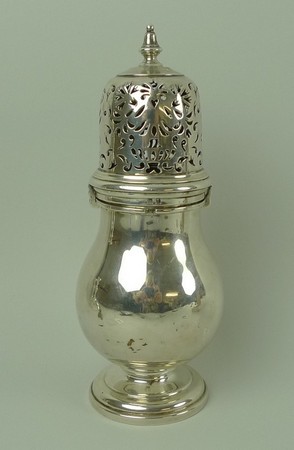 A silver sugar sifter of baluster form, the cover pierced with vases of edelweiss, Birmingham