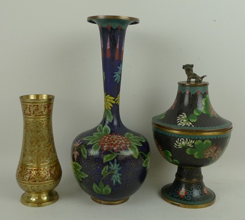 A Chinese cloisonne vase and covered bowl, 20th century, with dark blue ground decorated with