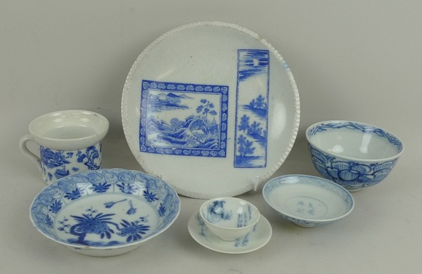 A group of blue and white Chinese porcelain, comprising; a 19th century bowl decorated with lotus