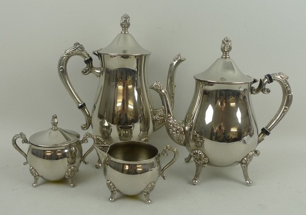A silver plated tea service of baluster form, comprising; tea pot, coffee pot, cream jug and