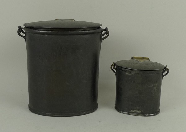 A graduated pair of 19th century pewter and brass lidded containers, stamped 99 Havelock Road and