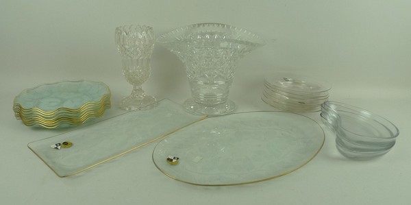 A set of six Whitefriars ice plates, Chance Glass part dessert service etched with blossom,