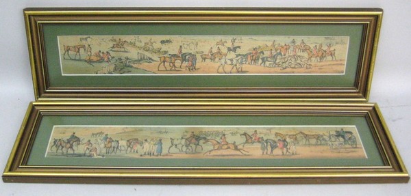 A pair of 19th century hand tinted prints, depicting hunt scenes, each 8 by 56cm. (2)