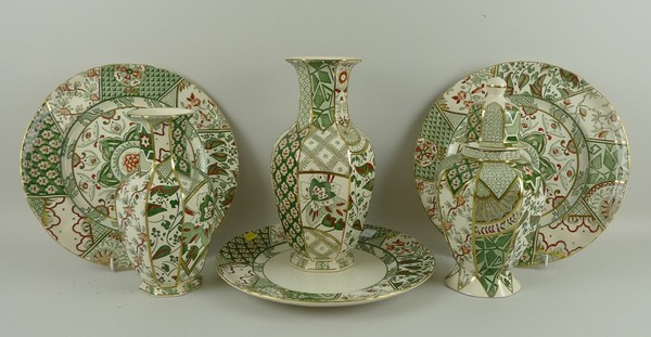 A group of Masons ironstone pottery decorated in the 'Applique' pattern, comprising; two vases, 21