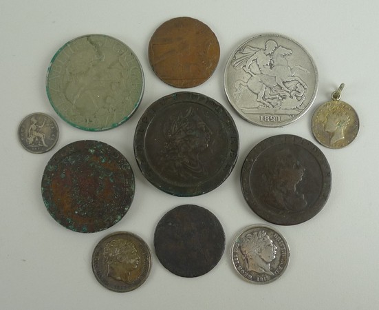 A George III cartwheel two pence piece, two cartwheel pennies, George IV silver Crown 1821, John