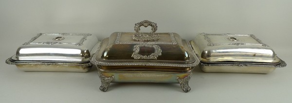A Victorian plated entree dish, cover and warmer, reserve crest engraved, stamped Thomas, Bond