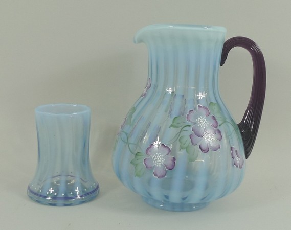 A Bill Fenton 75th Diamond Jubilee opaline and clear glass water jug set enamel decorated and